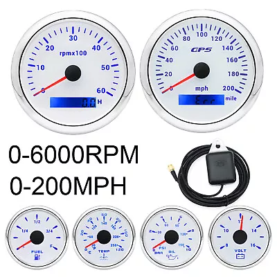 6 Gauge Set 85mm GPS Speedometer 0-200MPH W/tacho&52mm Fuel Oil Press Temp Volt • $112.40