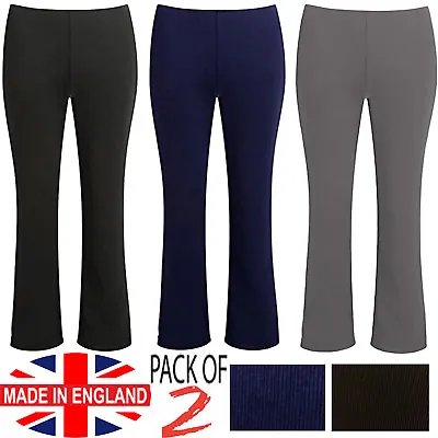 2 Pack Womens Bootleg Trousers Stretch Ladies Soft Ribbed Pull On Pants Bottoms • £15.99