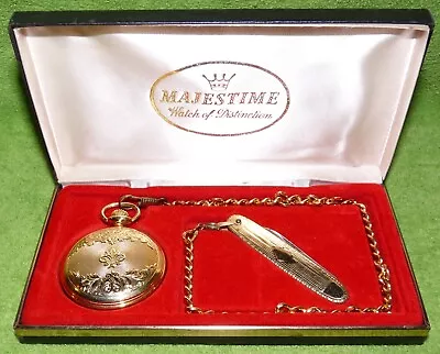 Vintage Majestime Majestron Pocket Watch With Chain & Knife In Case Not Running • $25