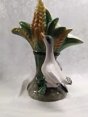 Vtg White And Grey Goose With Golden Sheaved Wheat Ceramic Fan Vase Italy • $19.80