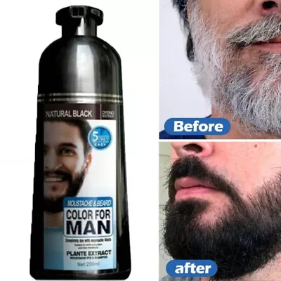 Men 2 In 1 Beard Mustache Natural Hair Color Shampoo Permanent Black Dye 200ML • $15.16