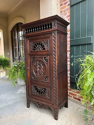 Antique French Carved Bonnetiere Armoire Cabinet Brittany Breton Ship Spindle • $3650