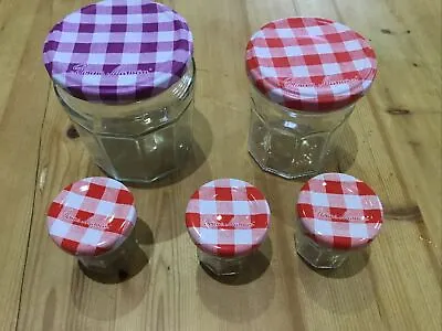 5 X Bonne Maman Jars Mixed Red/Purple Gingham Lids For Jams Storage Crafts Etc. • £2.75