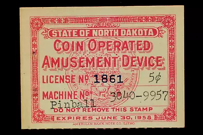 1958 North Dakota Coin Operated Amusement Device Stamp  5 Cents   Pinball  • $0.99