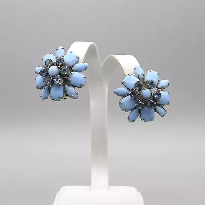 Vtg D&E Juliana Clip Earrings Blue Milk Glass Cushion Cabochons & Rhinestones ST • $39.99