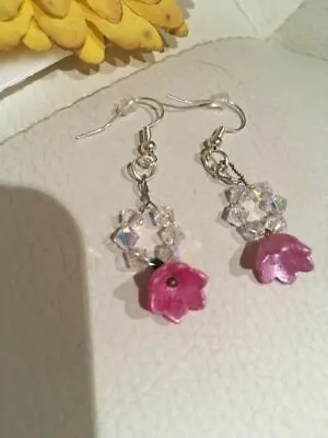 Flower Earrings Pink With Crystals Handmade Elven Spirit Jewellery • $18.95