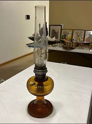 Vintage Heavy Amber Glass Oil Lamp With Eagle Burner & Clear Glass Chimney 19.5  • $30