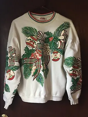 Nutcracker Christmas Holly Pine Ornaments Ribbon Holiday M / L Sweatshirt  SALE • $11.39