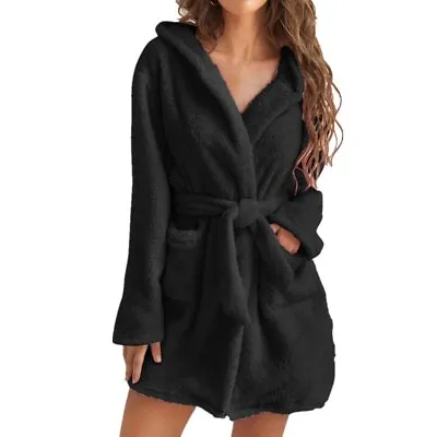 Ladies Teddy Bear Dressing Bathrobe Women Hooded Top Luxury Soft Fleece Fur Gown • £16.40