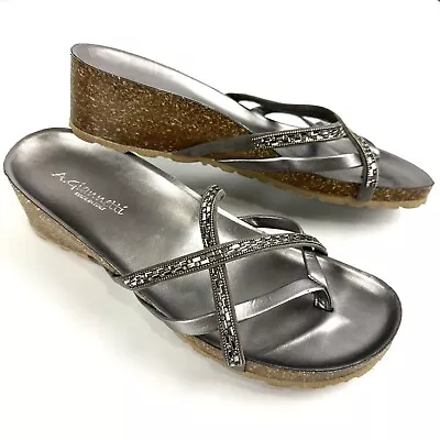 A. Giannetti Womens Size 9.5 Made In Italy Silver Wedge Sandals Strappy Casual • $29.98