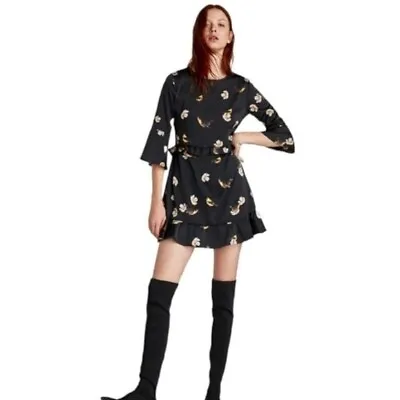 Zara Black & Yellow Floral & Bird Print Ruffled 3/4 Sleeve Mini Dress Size S • £33.78