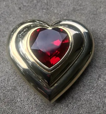 Vtg Yves Saint Laurent Compact Red Stone Heart Goldtone Mirror & Sponge Makeup • £160.58