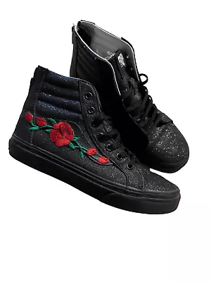 Vans Girls Youth Size 3 Sparkle Black Embroidered Red Roses High Top Shoes • $27