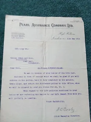 £2.50 • Buy Mb01 Ephemera  Headed Letter 1915 Pearl Assurance Pontypridd H644
