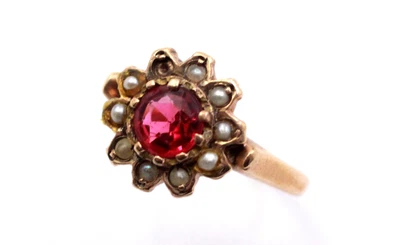 £21.30 • Buy .375 9ct GOLD, SEED PEARL & PINK TOURMALINE Flower Cluster Ring, I.5, 1.7g - C68