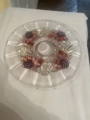 Vintage Indiana Glass Garland Fruit Stained Large Footed Raised Cake Plate 13.5  • $12