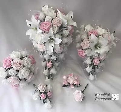 £12 • Buy Wedding Flowers Ivory Rose Star Lily Bouquet, Bride, Bridesmaid Flower-Girl Pink