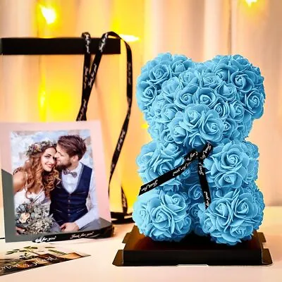 Rose Blue Teddy Bear Flower Bear With Gift Box Birthday Romantic Valentines Gift • £6.99