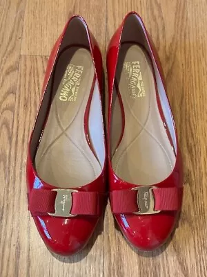 Ferragamo Varina Patent Leather Bow Ballerina Flats - Red 10D -- Worn 3 Times • $150