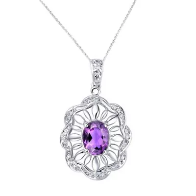 14K White Gold Finish Created Amethyst Flower Vintage Pendant With 18  Chain • $482.02