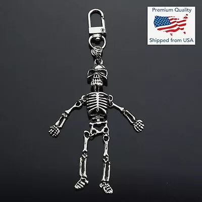 Vintage Silver Jointed Skeleton Bones Skull Charm Pendant Key Ring Clip Gift • $7.99