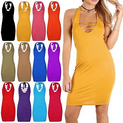 Womens Ladies Plain Tie Back Halter Back Sleeveless Pencil Bodycon Mini Dress • $8.38