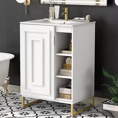 24 Bathroom Vanity Sink Combo With Ceramic BasinGold Legs And Semi-open Storage • $299.92