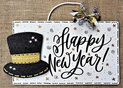 HAPPY NEW YEAR SIGN Wall Door Hanger Plaque Wreath Accent Holographic Glitter • $13