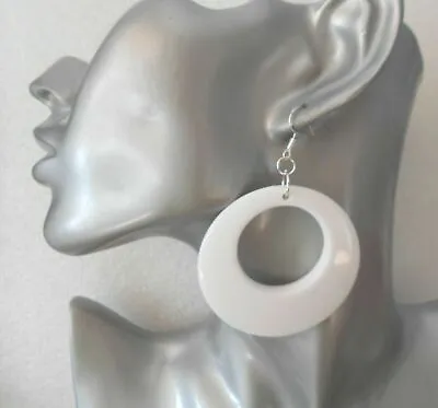 £3.95 • Buy Big 60s Style Shiny  White Acrylic Hoop  Earrings 2½ - Clip-on Or Pierced Option