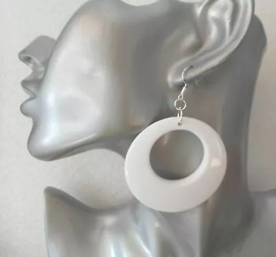 Big 60s Style Shiny  White Acrylic Hoop  Earrings 2½ - Clip-on Or Pierced Option • £3.95