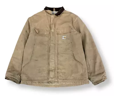 Vintage Fire Resistant Carhartt FRC56 Distressed  Tan Work Jacket Coat Mens L • $47.96