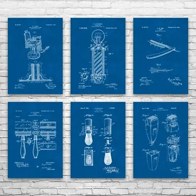 Barber Shop Posters Set Of 6 Hair Stylist Barber Gift Chair Blueprint Wall Art • $303.41