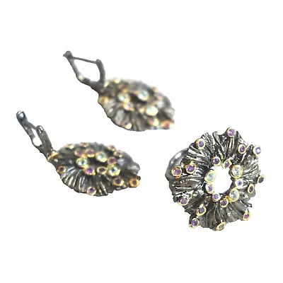 Oxidized Sterling Silver Gemstone Pierced Earrings + Ring Sz 9 Jewelry Set • $195