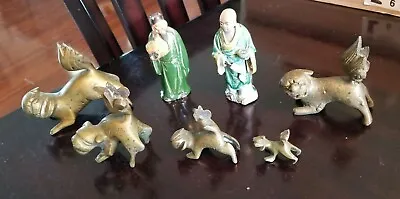 5 VTG Solid Brass Asian Foo Dog Figurines & 2 Handmade Clay Chinese Figurines • $149.99