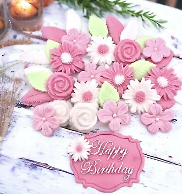 33 Edible Pink  Fondant Flowers Leaves  Cake  Toppers Birthday Decorations • £9.99