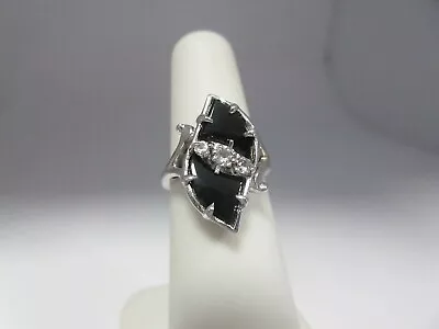 White Gold Ring Black Onyx White Sapphire Antique 10K Solid Size 5 R1710 • $299
