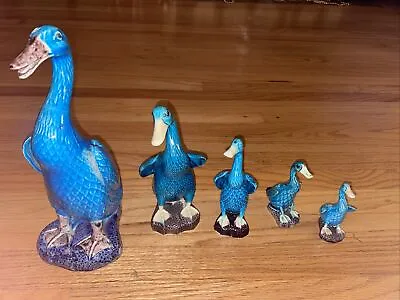 Vintage Chinese Porcelain Family Of Turquoise Majolica Ducks Set Of 5 Hong Kong • $250.99