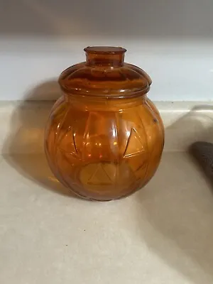 Vintage Orange Glass Jack O’ Lantern Pumpkin Candy Jar W/ Lid 8” • $15