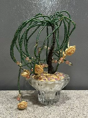 Vintage Handmade MCM Gold Wire Sculpture 7” Flower Tree Beads Glass Base OOAK • $19