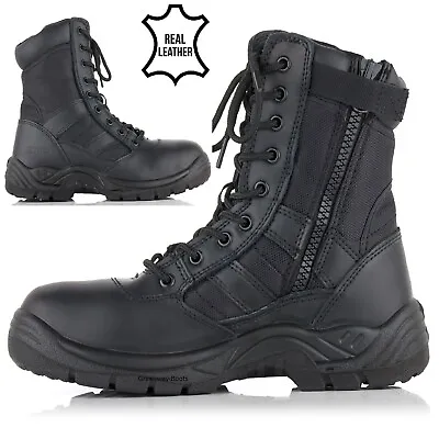 Mens Leather Tactical Army Military Police Steel Toe Cap Work Combat Hi Boots Sz • £31.95