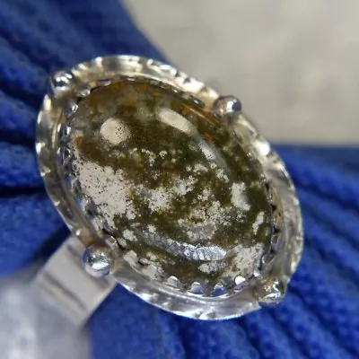 VINTAGE 3/4  Cabochon Green Moss Agate 0.925 Sterling Silver BAND Ring Size 8.75 • $93.74