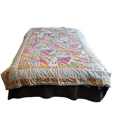 Vintage Patchwork Quilt Twin Size Blanket Hawaiian Hula Embroidered Bedspread • $169.99