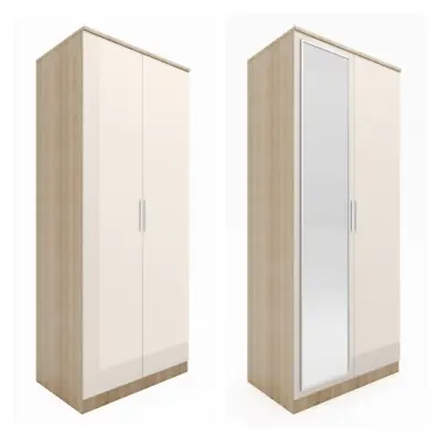 High Gloss 2 Door Mirror Wardrobe With Hanging Rail Cream&Oak Storage Cupboard • £125