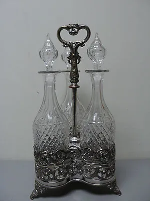 Elegant 3-bottle Tantalus Tall Crystal Decanters & Silver Plate Stand • $1539.99