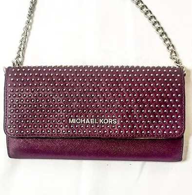 Michael Kors Crossbody Wallet Dark Purple Berry Silver Hardware Studded • $72