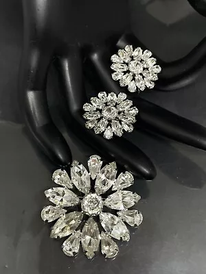 Vintage Signed B. David Silver Tone Crystals Brooch Pin Screw Back Earrings Set • $50