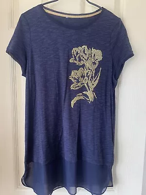 £6.50 • Buy M&S  Longline T Shirt / Tunic Top Size 12 Navy With Gold  Appliqué Voile Hem,