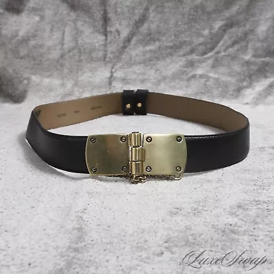 Vintage 1990s DKNY Donna Karan Made In Italy Black Leather Brass Lock Belt M NR • $9.99