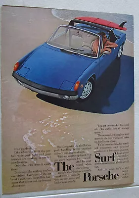 1972 Porsche 914 Print Ad ~ The SURF Porsche Blue Convertible Beach W/ Surfboard • $7.99