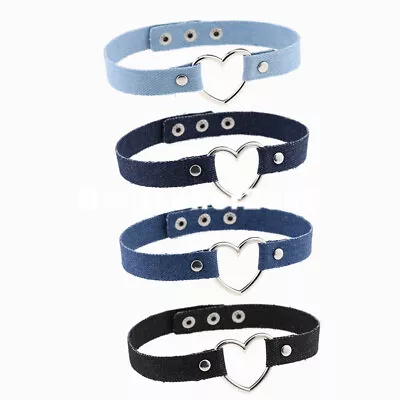 Fashion Women Ladies Denim Cloth Punk Goth Heart O-Ring Collar Choker Necklace • $8.99